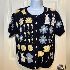 Marisa Christina navy blue embroidered floral cardigan with bunnies -small